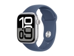 Apple Watch Series 10 (GPS) - 42 mm - silver aluminium - smart watch with sport band - fluoroelastomer - denim - band size: S/M - 64 GB - Wi-Fi 4, UWB, Bluetooth - 30 g