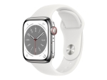 Apple Watch Series 8 (GPS + Cellular) - 41 mm - silver stainless steel - smart watch with sport band - fluoroelastomer - white - band size: Regular - 32 GB - Wi-Fi, LTE, Bluetooth, UWB - 4G - 42.3 g