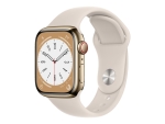 Apple Watch Series 8 (GPS + Cellular) - 41 mm - gold stainless steel - smart watch with sport band - fluoroelastomer - starlight - band size: Regular - 32 GB - Wi-Fi, LTE, Bluetooth, UWB - 4G - 42.3 g