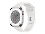 Apple Watch Series 8 (GPS + Cellular) - 45 mm - silver stainless steel - smart watch with sport band - fluoroelastomer - white - band size: Regular - 32 GB - Wi-Fi, LTE, Bluetooth, UWB - 4G - 51.5 g