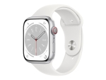 Apple Watch Series 8 (GPS + Cellular) - 45 mm - silver aluminium - smart watch with sport band - fluoroelastomer - white - band size: Regular - 32 GB - Wi-Fi, LTE, Bluetooth, UWB - 4G - 38.8 g