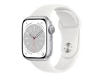 Apple Watch Series 8 (GPS) - 41 mm - silver aluminium - smart watch with sport band - fluoroelastomer - white - band size: Regular - 32 GB - Wi-Fi, Bluetooth - 32 g