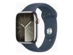 Apple Watch Series 9 (GPS + Cellular) - 45 mm - silver stainless steel - smart watch with sport band - fluoroelastomer - storm blue - band size: M/L - 64 GB - Wi-Fi, LTE, UWB, Bluetooth - 4G - 51.5 g